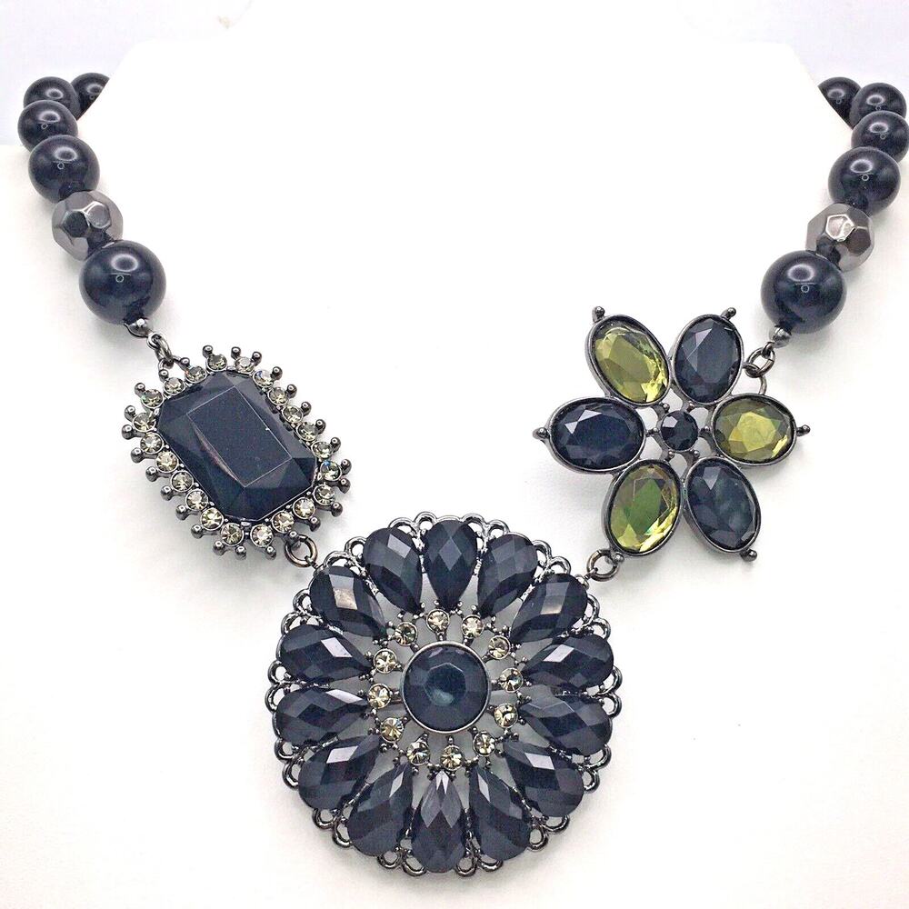 Premier Designs Gunmetal Faux Jet Peridot Rhinestone Convertible Brooch Necklace